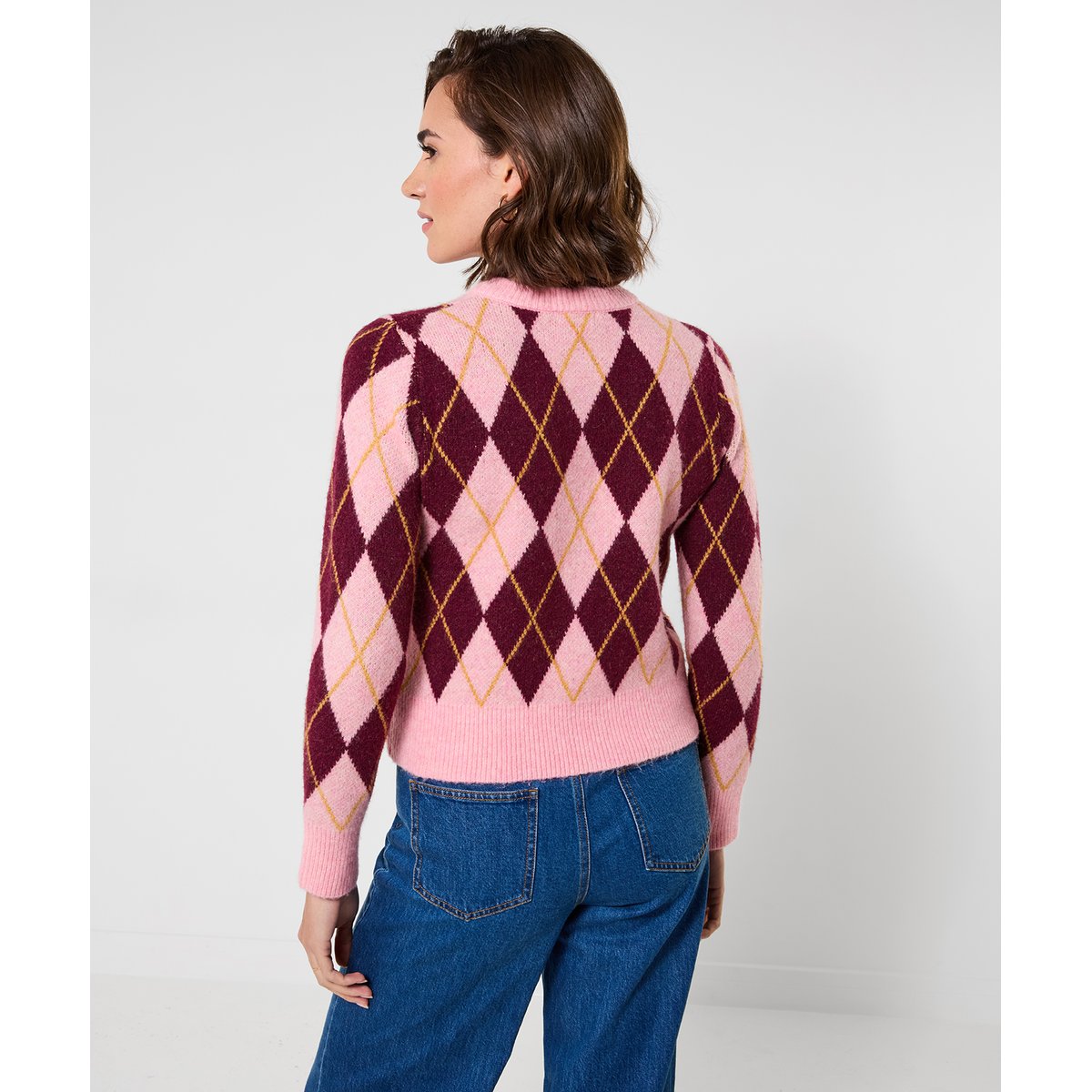 Superbe Cardigan Motif Argyle rose, JOE BROWNS
