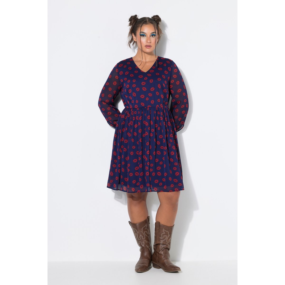 Robe coupe évasée, imprimé Kiss en all-over marine, STUDIO UNTOLD