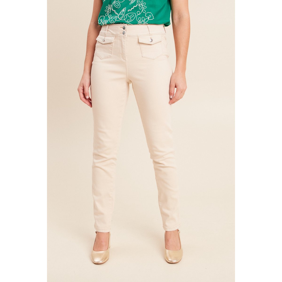 Jean ajusté taille haute longue beige claire, BREAL