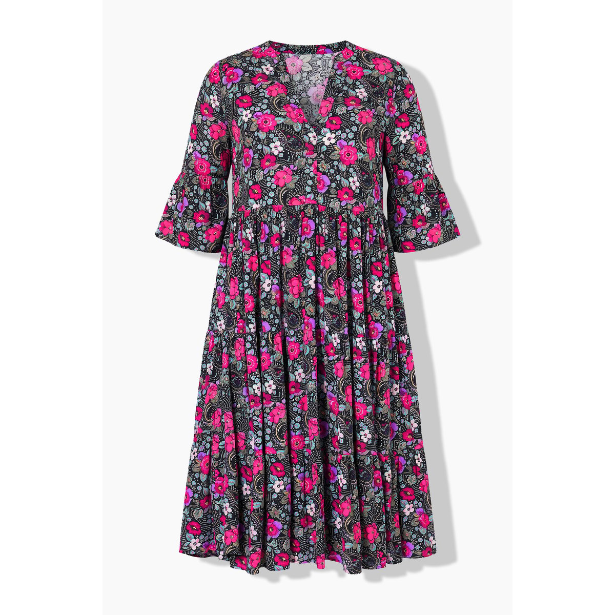 Robe midi, coupe évasée, motif floral noir, STUDIO UNTOLD