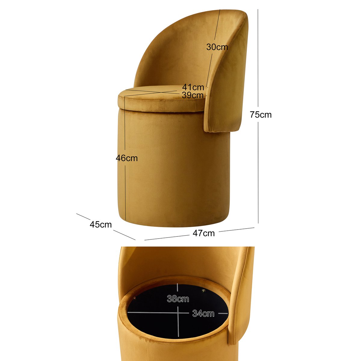 Pouf avec dossier et rangement, velours jaune moutarde, NORDLYS