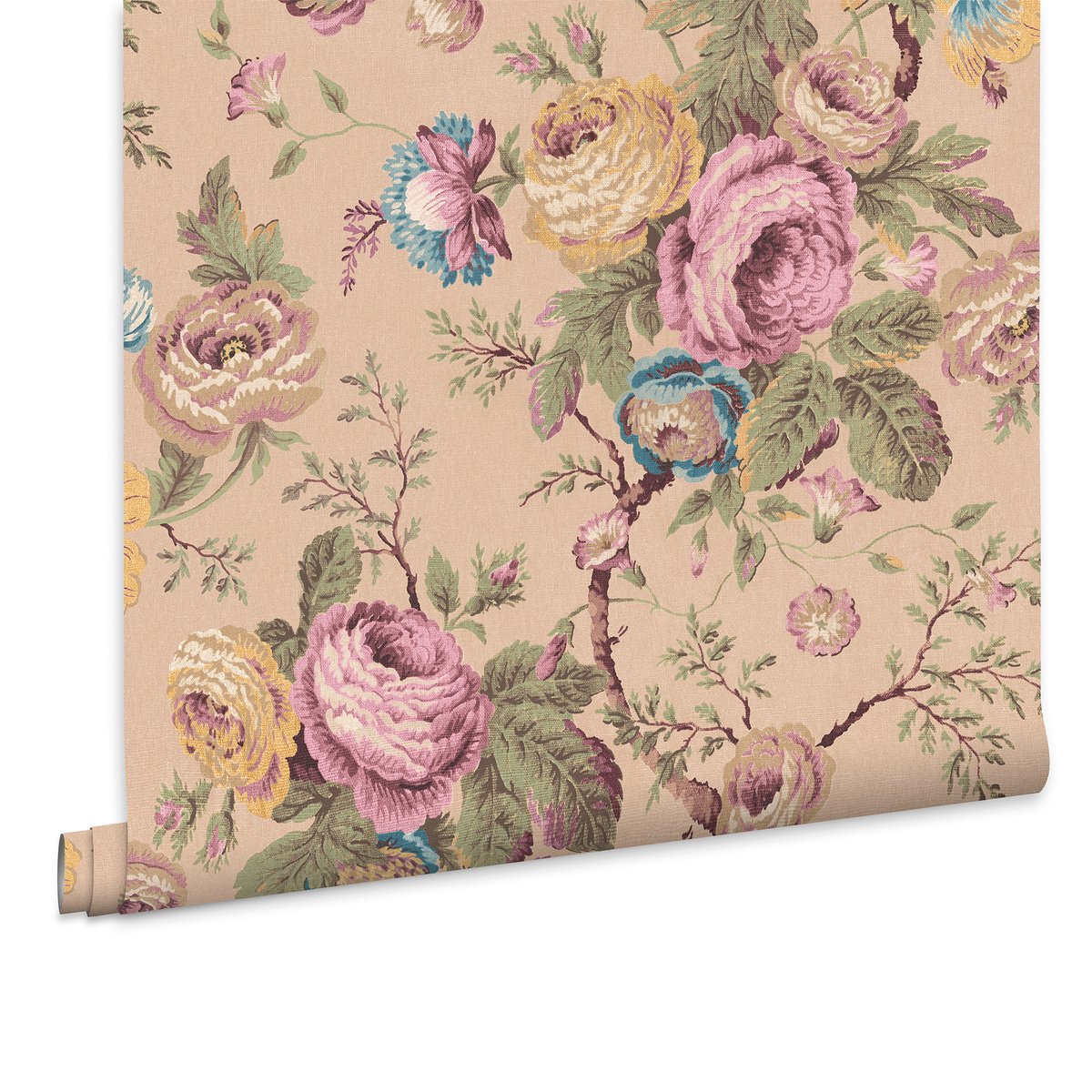 Papier peint fleuri roses vintage Uffington rose, beige, ocre, vert, LAURA ASHLEY
