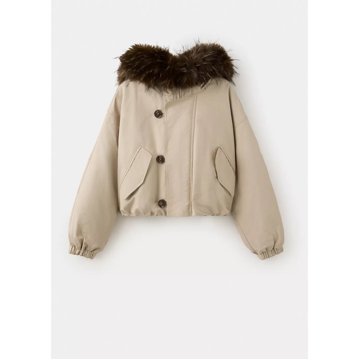 Veste matelassée col imitation fourrure beige, MANGO