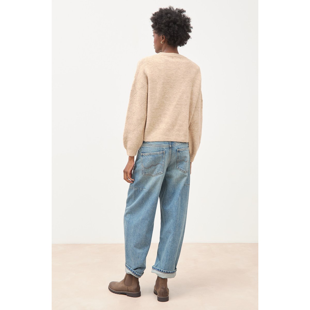 Pull droit col rond manches longues creme, BONOBO