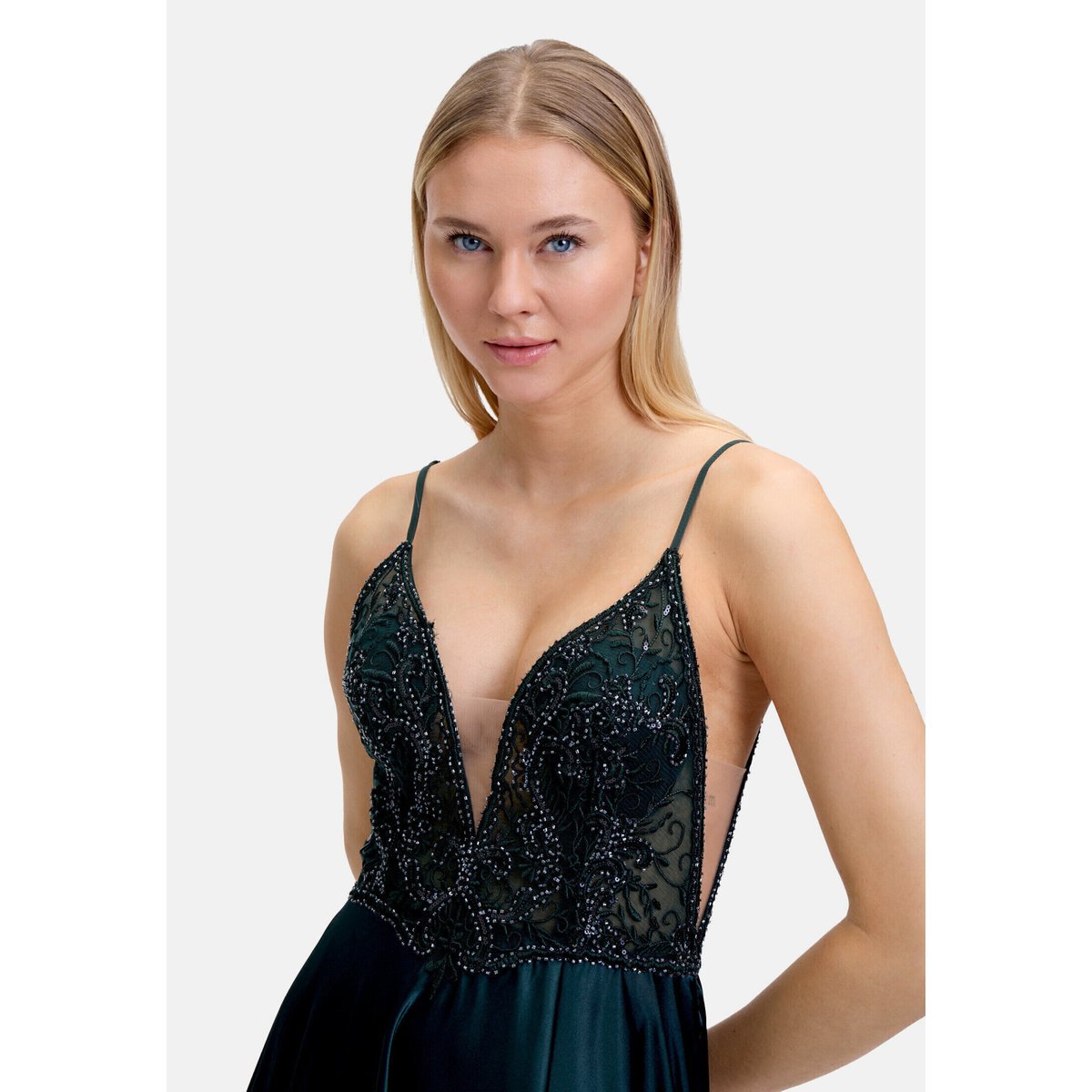 Robe de soirée à motif placé dusty slate, VERA MONT