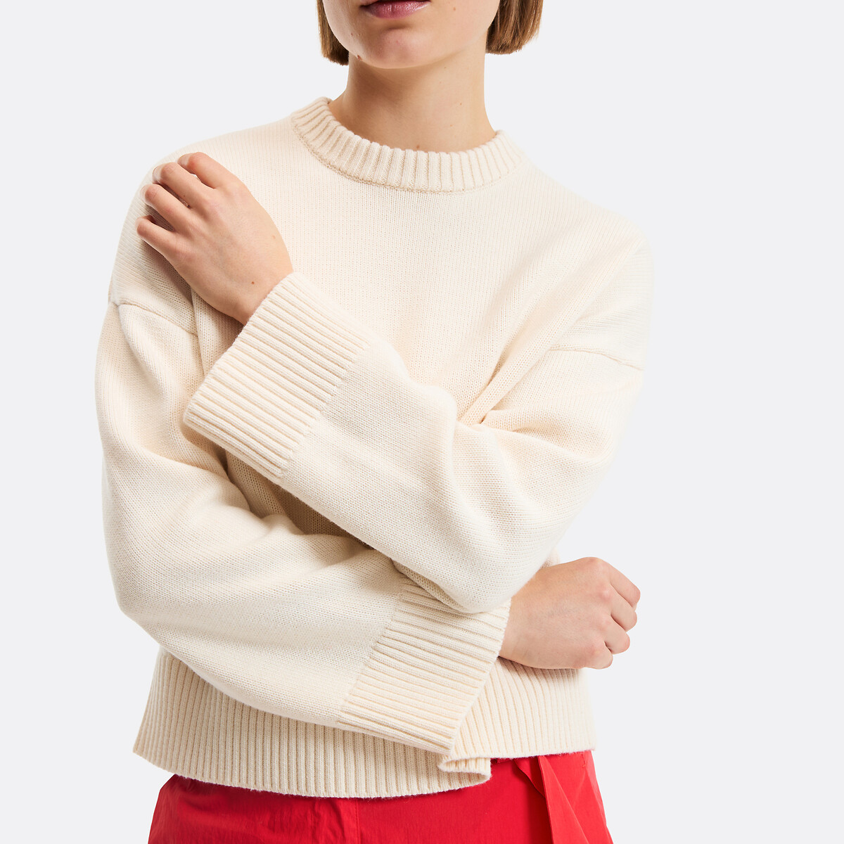 Wool/Cotton Crew Neck Jumper beige, LA REDOUTE COLLECTIONS
