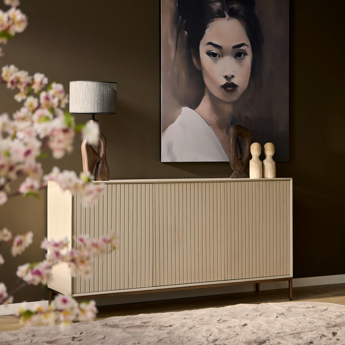 Buffet 3 portes rainurées en bois CORTINA beige, PIER IMPORT