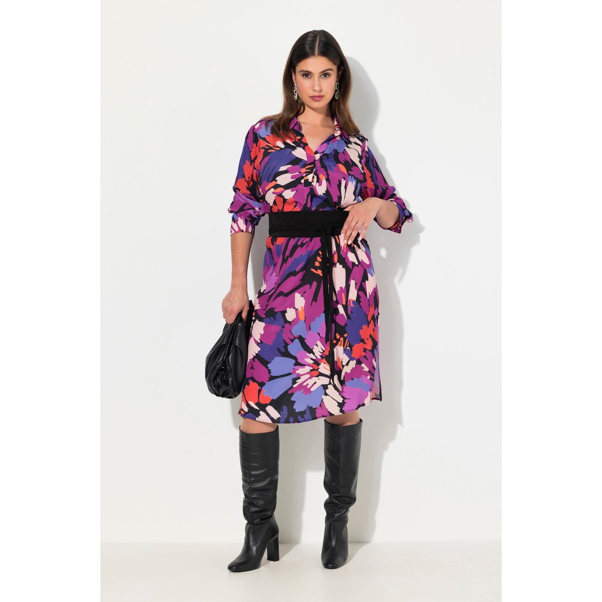 Robe midi décolleté en V et manches longues baie, ULLA POPKEN