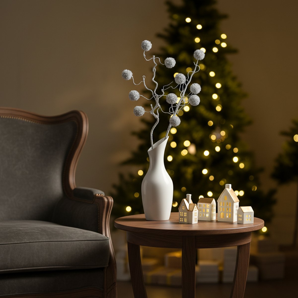 Branche de noël de pompons pailletés artificielle H50 argenté, SIA DECO