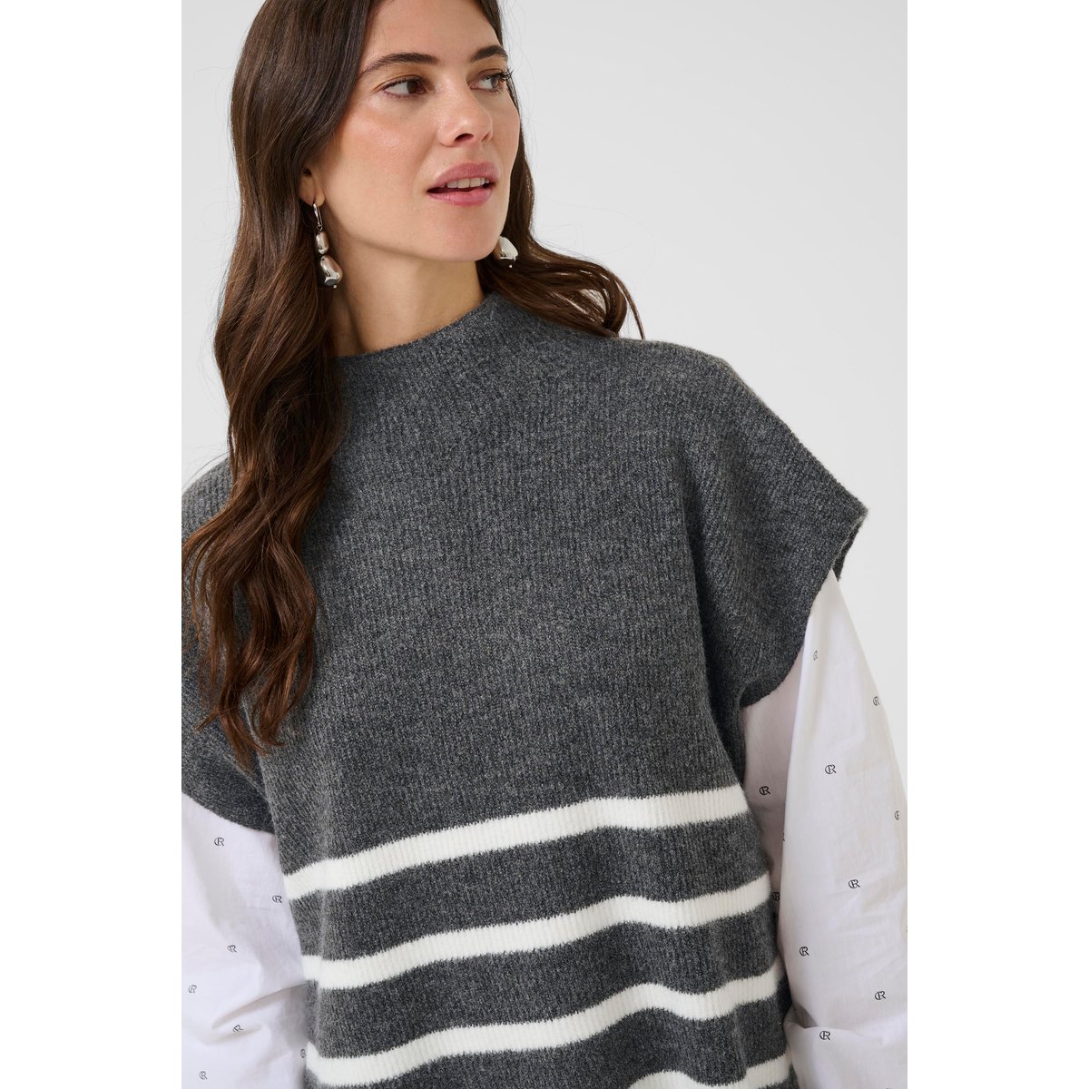 Manteau tricoté gris dark grey white stripe, CREAM