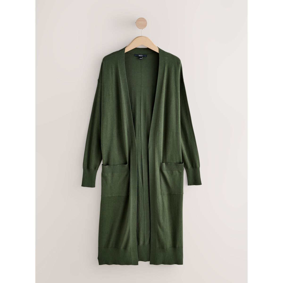 Cardigan long et doux en coton majoritaire vert kaki, NEXT