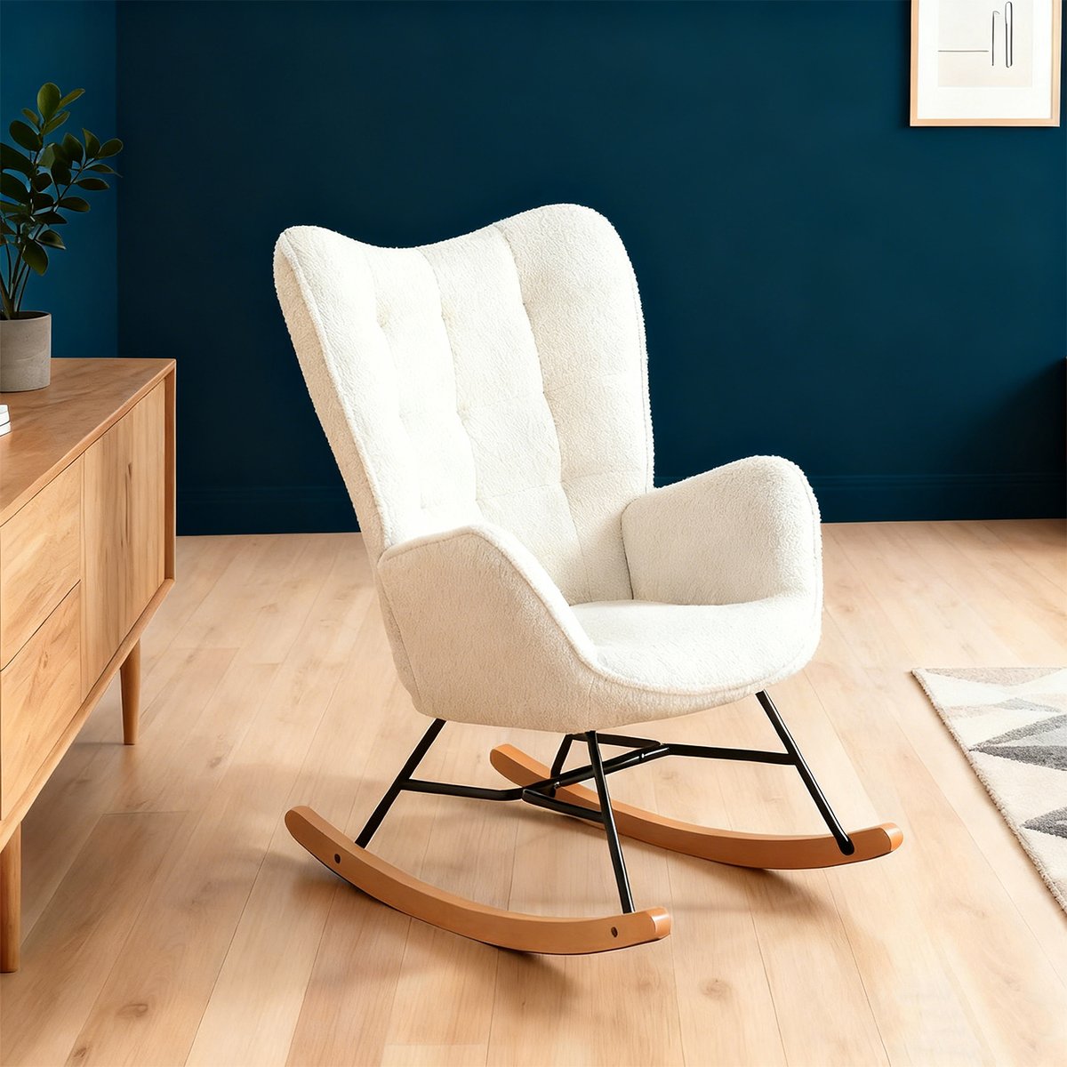 Fauteuil à bascule rocking chair style scandinave pieds en hêtre en tissu bouclette, FUNKEL blanc, MEUBLES COSY