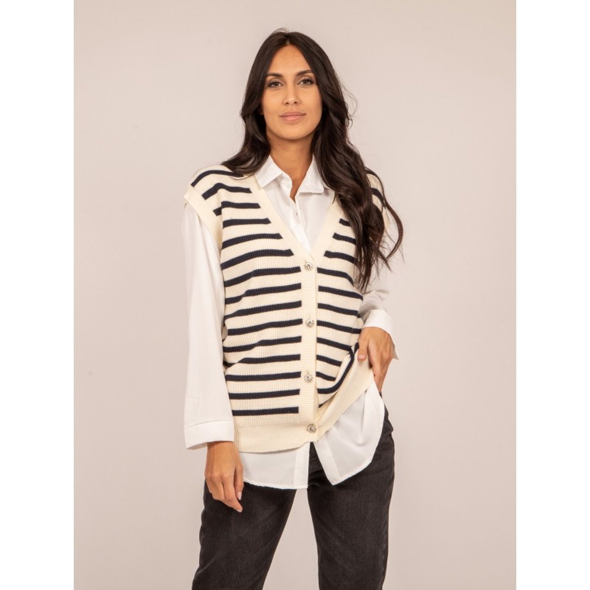 Gilet Sans Manches Rayures Kiliss ecru, DONA LISA
