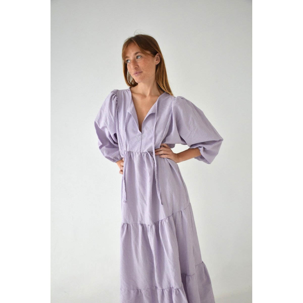 Robe longue vichy col V GABRIELA violet, MINDTRAVELER