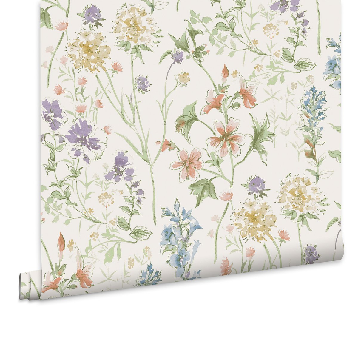 Papier peint herbier fleuri Wild Meadow parme, bleu, corail, vert, crème, LAURA ASHLEY