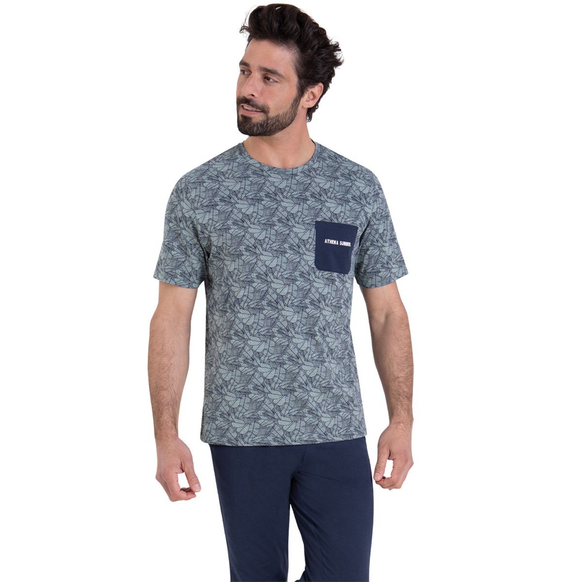 Pyjama long manches courtes col rond SUMMER vert-bleu, ATHENA