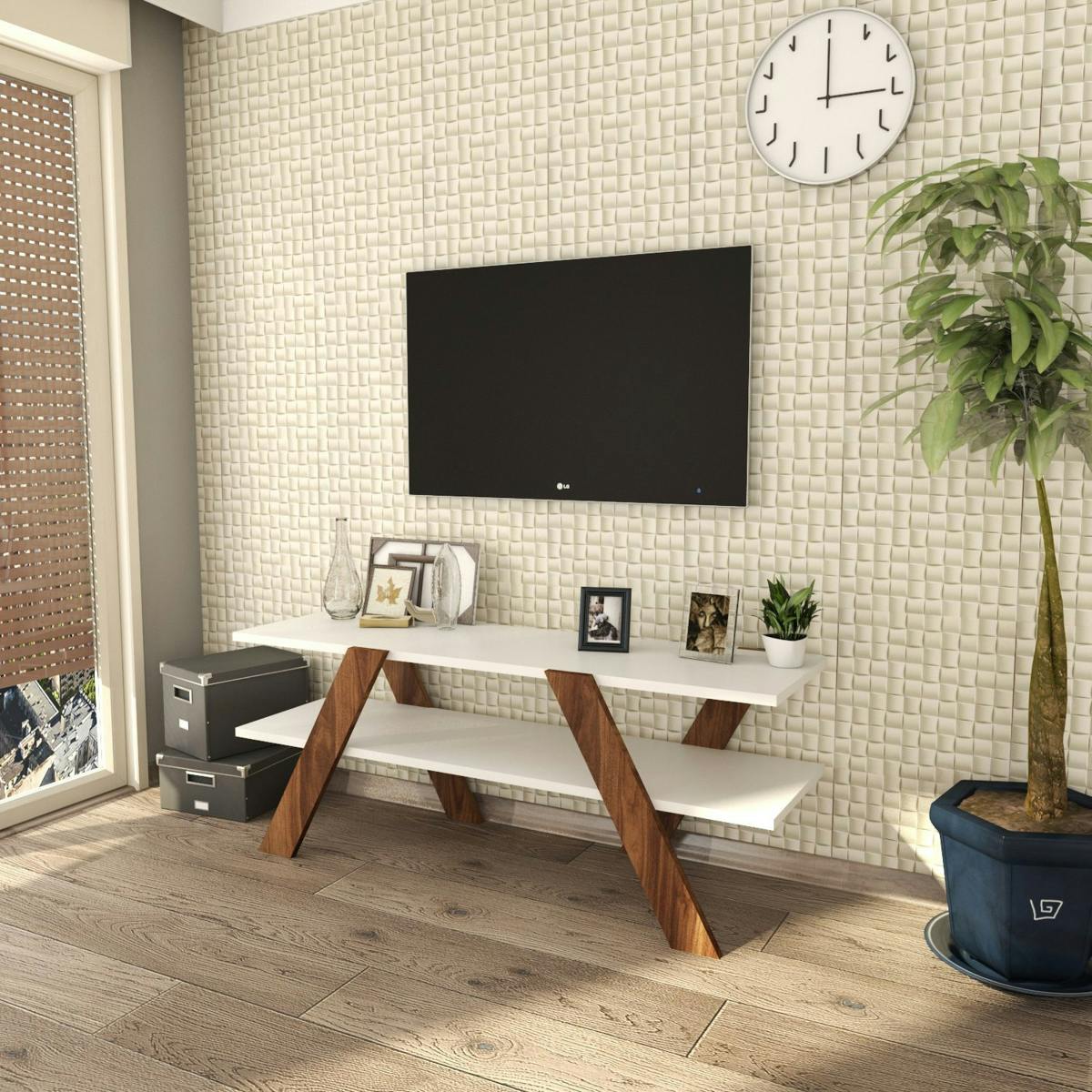 Banc TV blanc moderne avec pieds décor bois foncé MARFA blanc, PIER IMPORT