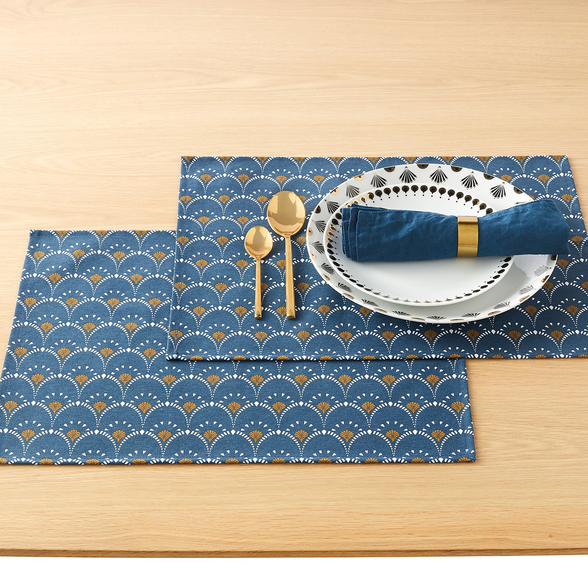 Lot de 2 sets de table imprimés anti-taches Mina bleu de prusse, LA REDOUTE INTERIEURS