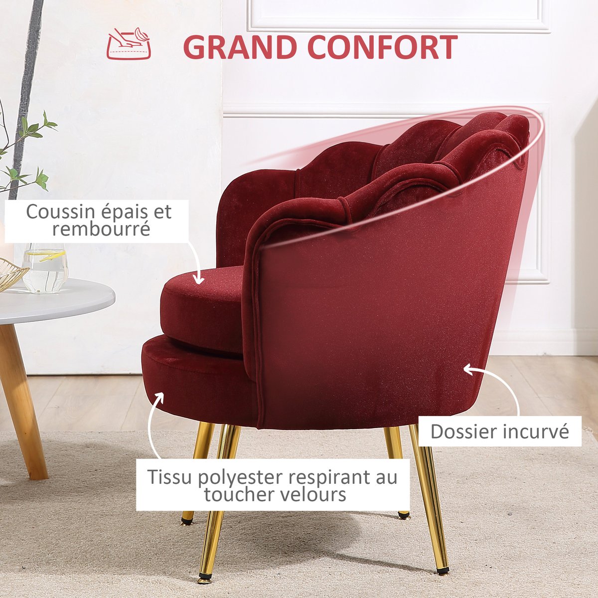 Président du club Velours (100% polyester) rouge vineux, HOMCOM