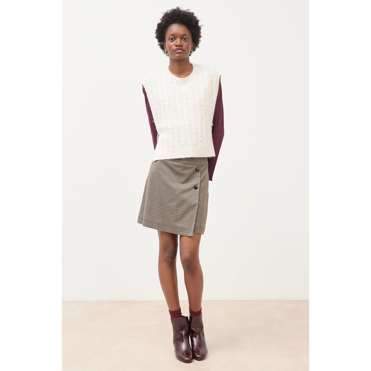 Pull droit cropped sans manches creme, BONOBO