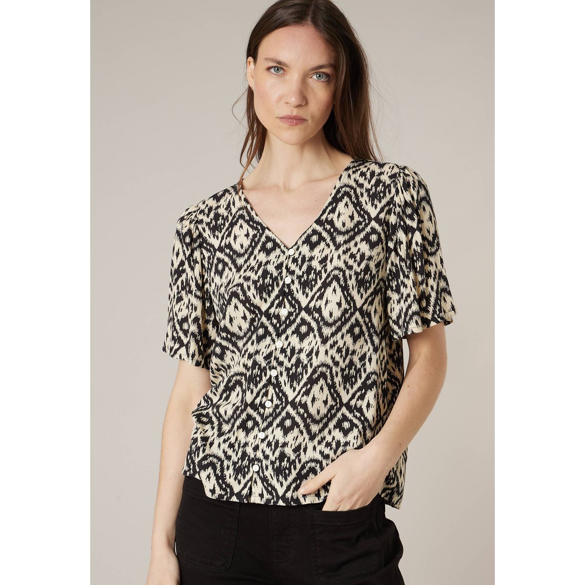 Blouse femme fluide motif ethniques EHOMA black, DEELUXE