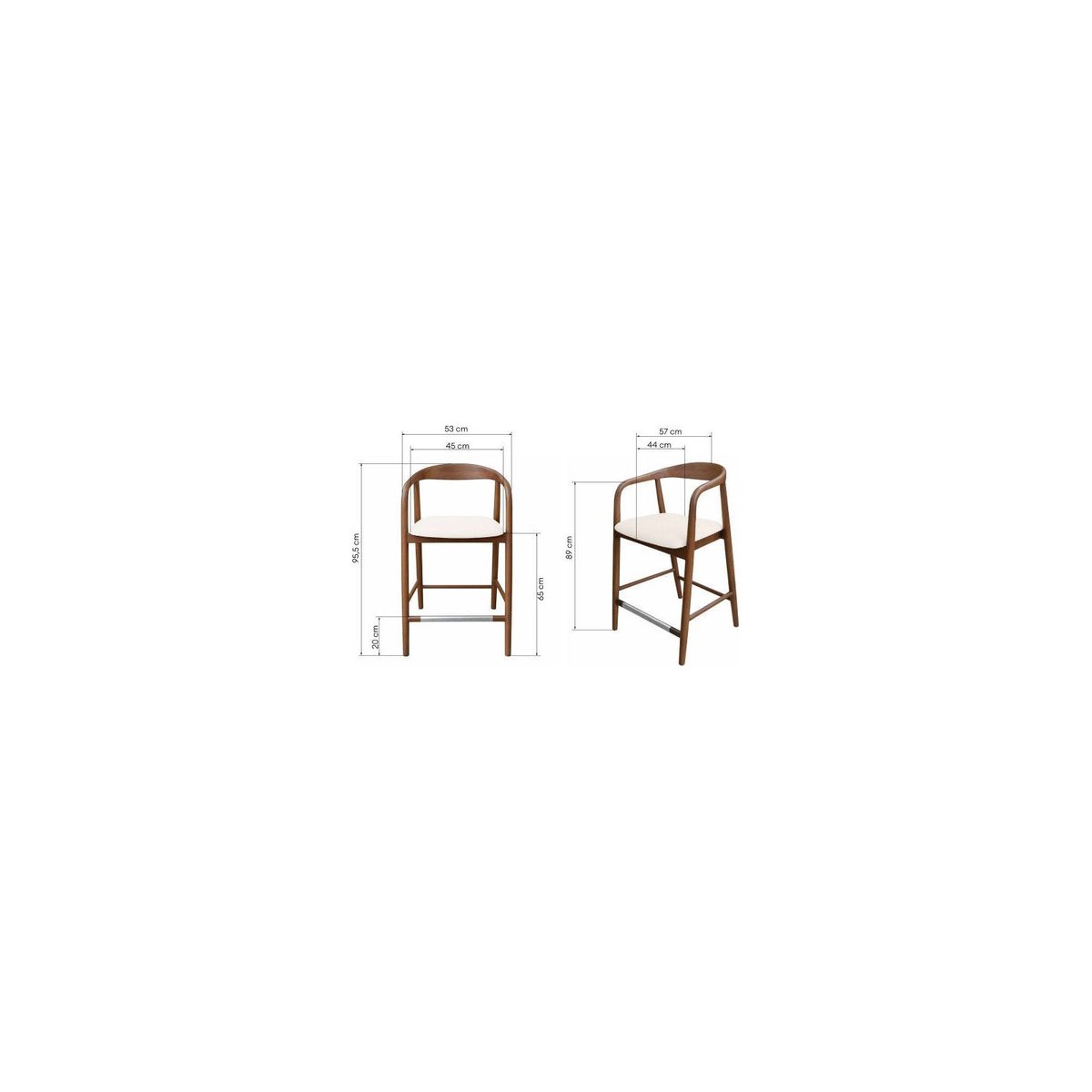 Tabouret de bar arrondi en teck massif noyer et crème, RECOLLECTION