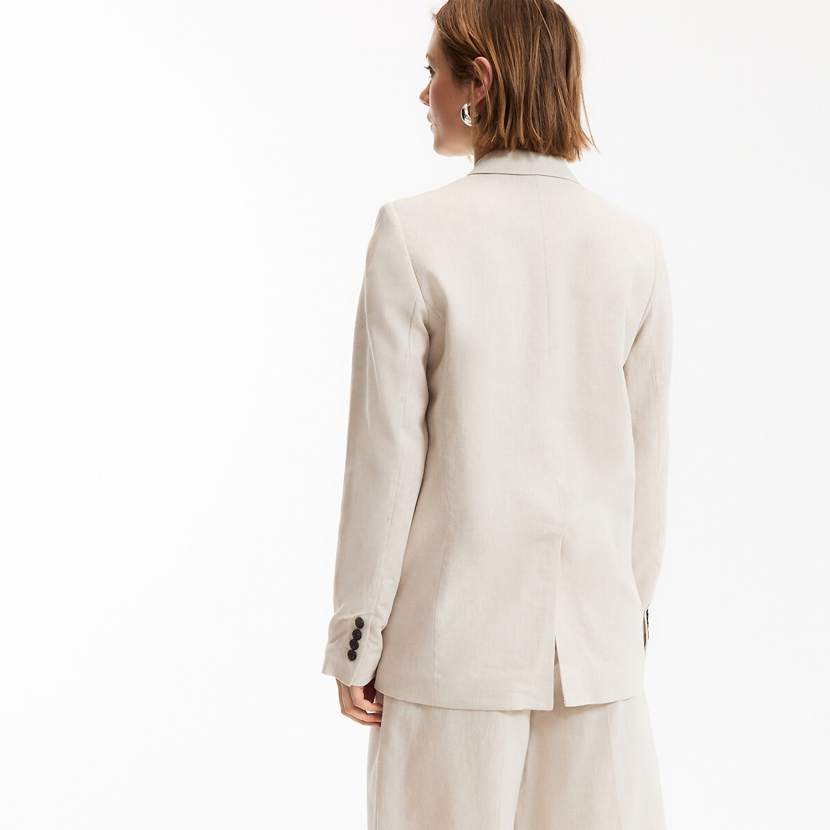 Blazer long, coupe oversize, en lin et coton beige, LA REDOUTE COLLECTIONS