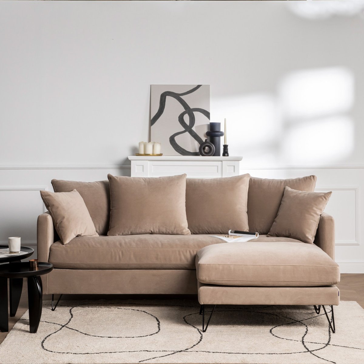 Canapé convertible 4 places en velours pieds épingles noirs- VILLABON beige, DRAWER