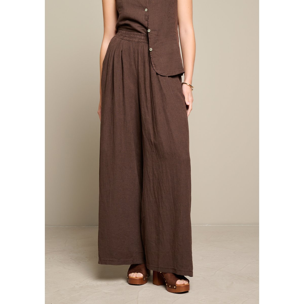 Pantalon large en lin brun fonce chocolate, LOLALIZA