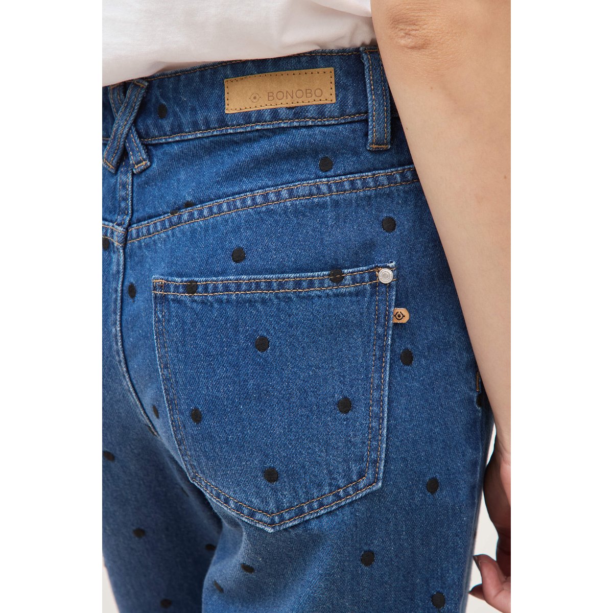 Jeans straight taille haute broderie bleu clair, BONOBO