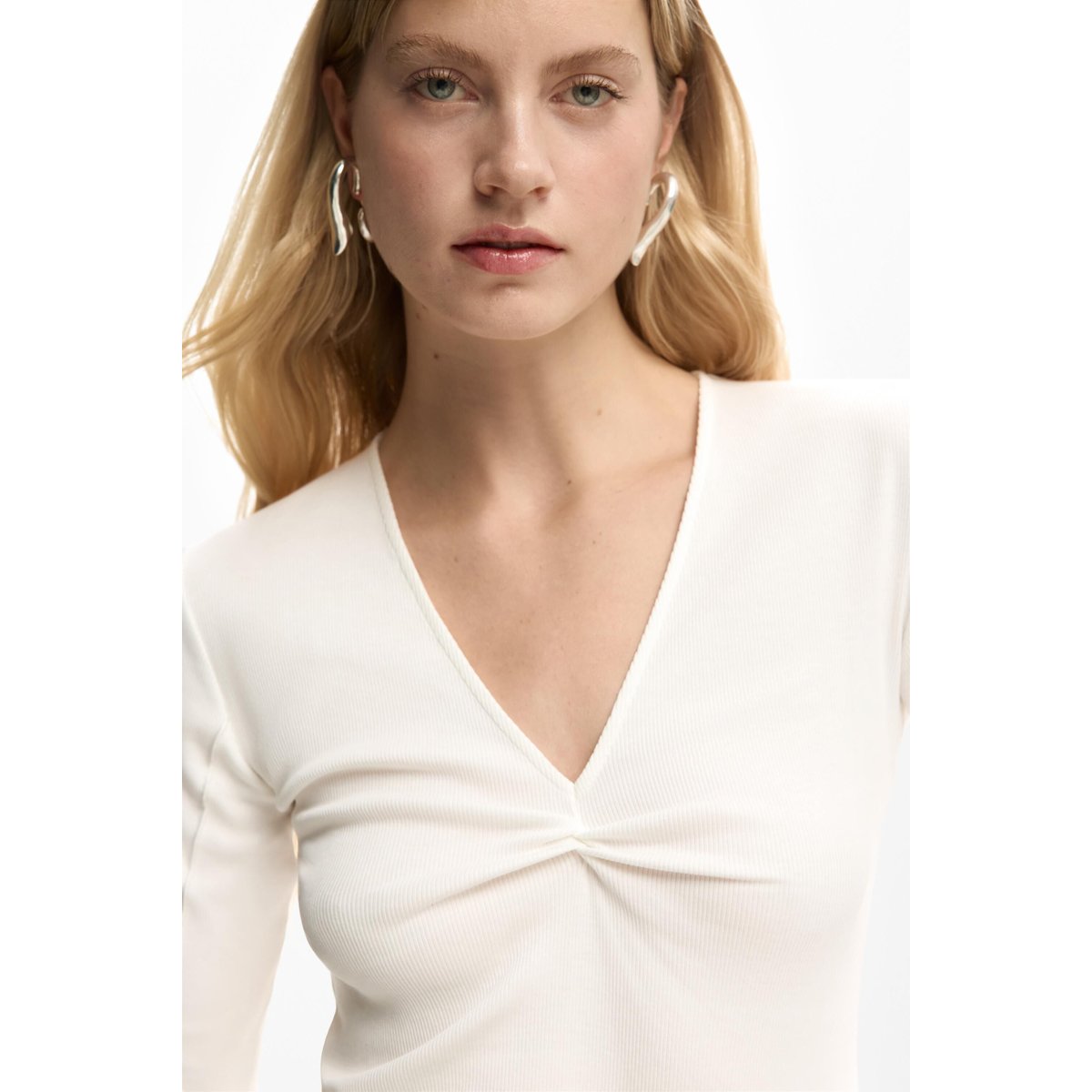 T-shirt nœud en maille côtelée blanc, DESIGUAL