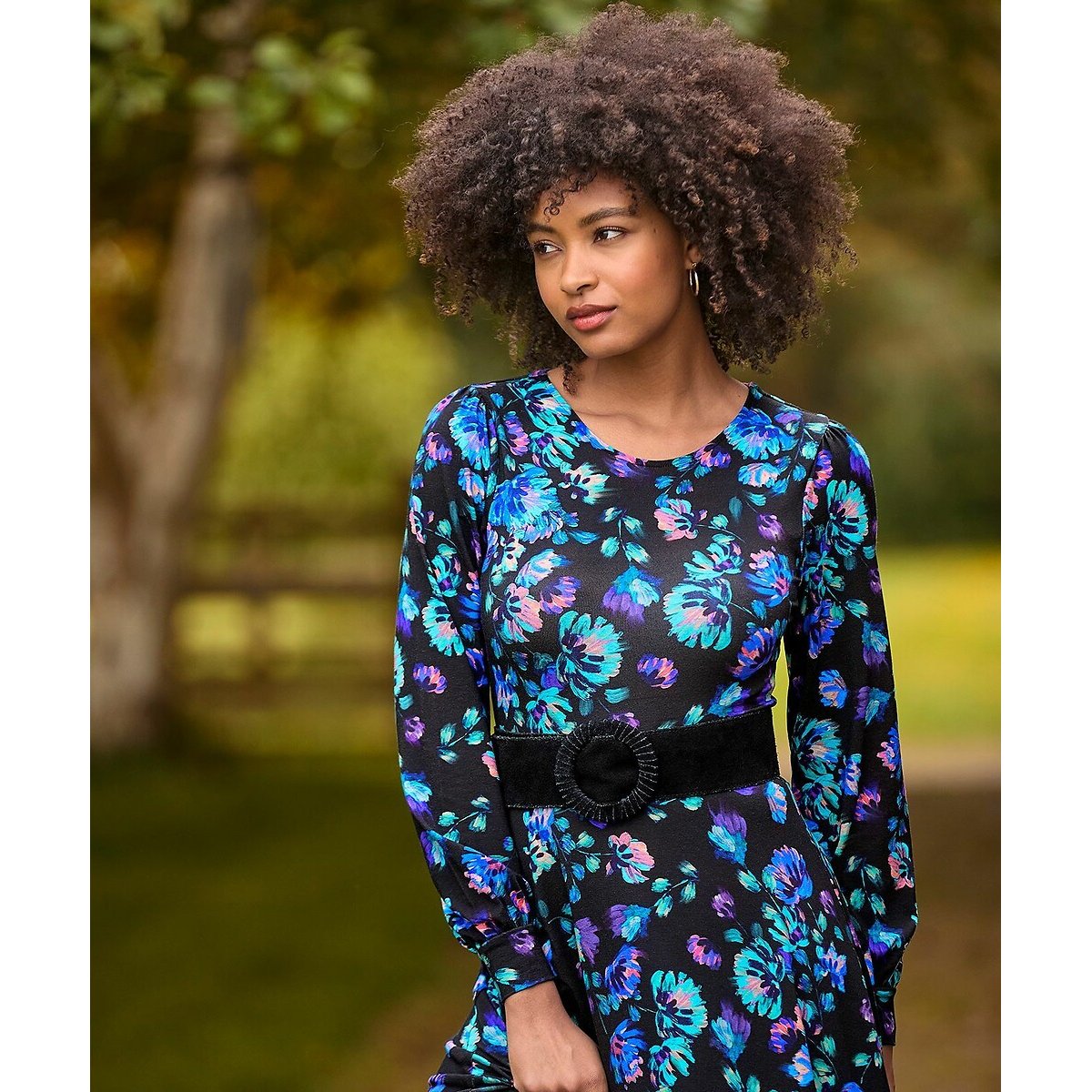 Floral Print Midi Dress with Crew Neck black, JOE BROWNS