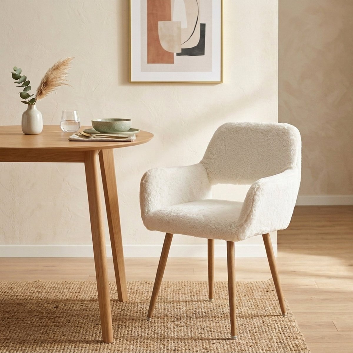 Lot de 4 chaises de salle à manger fauteuil scandinaves en tissu effet poil de lapin, CROMWELL PELUCHE blanc, MEUBLES COSY