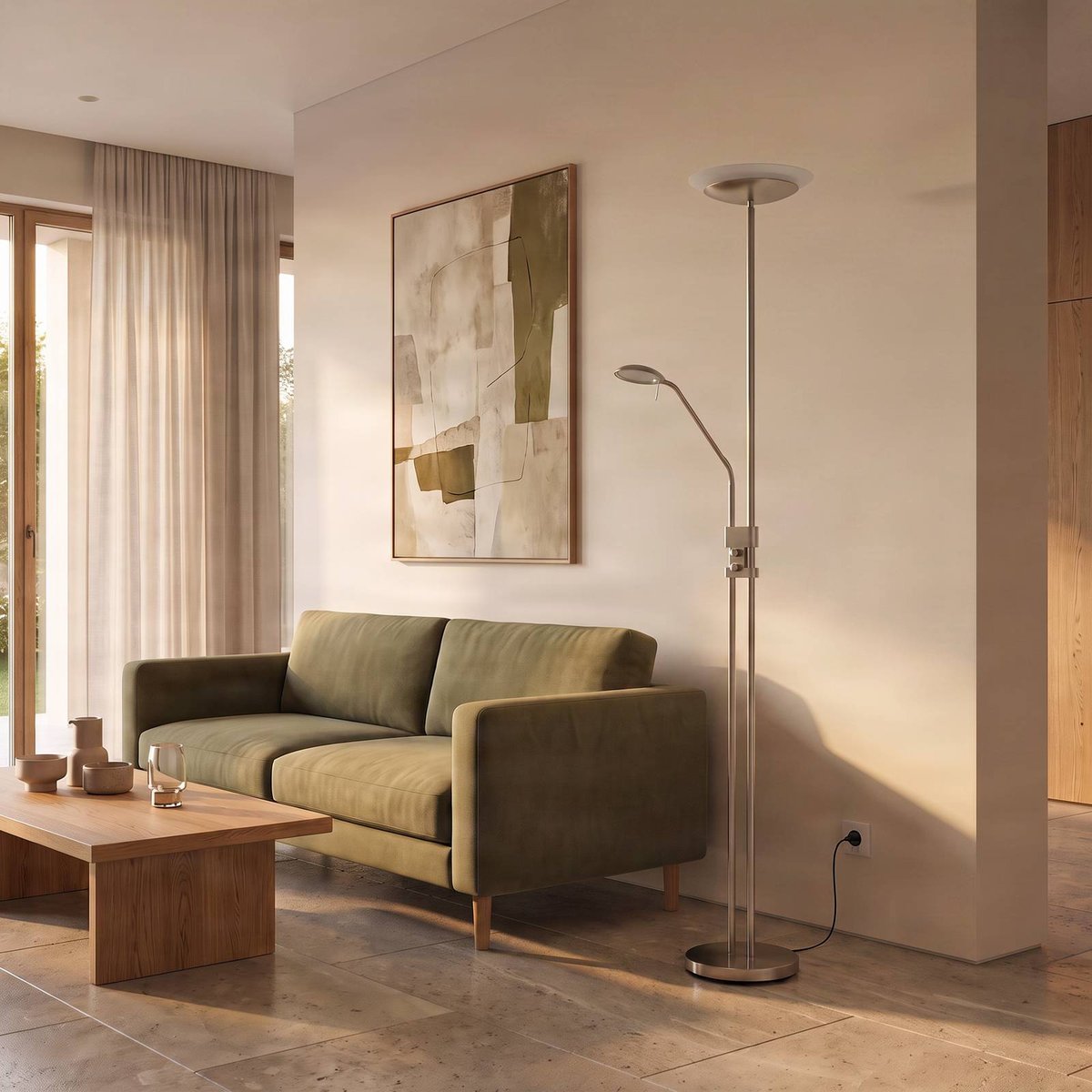 Lampadaire en métal moderneLED, Jonne nickel satiné, LINDBY