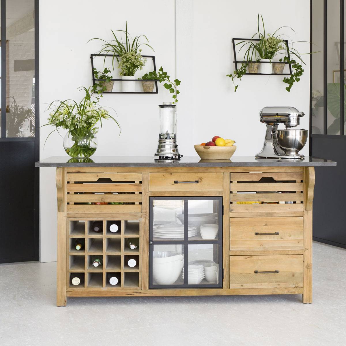 Îlot central en bois recyclé CHAMPÊTRE bois clair, MADE IN MEUBLES 
