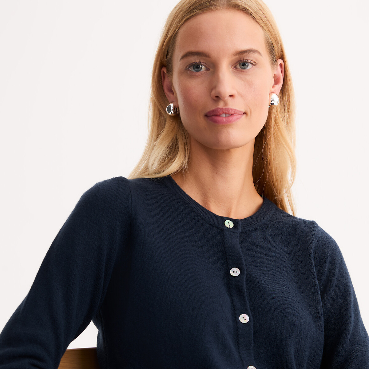 Cardigan col rond, en maille toucher très doux marine, ANNE WEYBURN