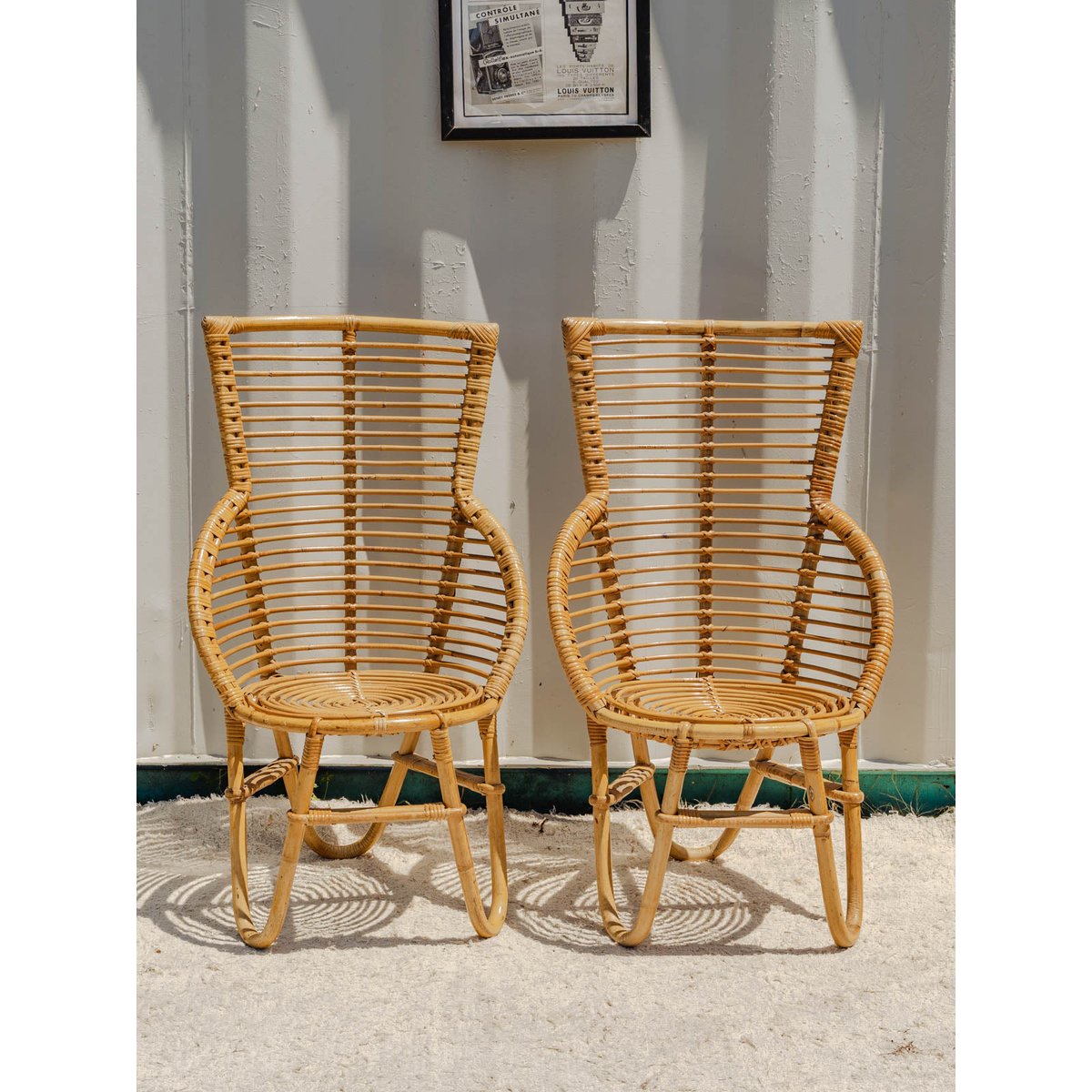 Ensemble de table et fauteuils en rotin Ange N°24 - Bon état bois clair, DEBONGOUT