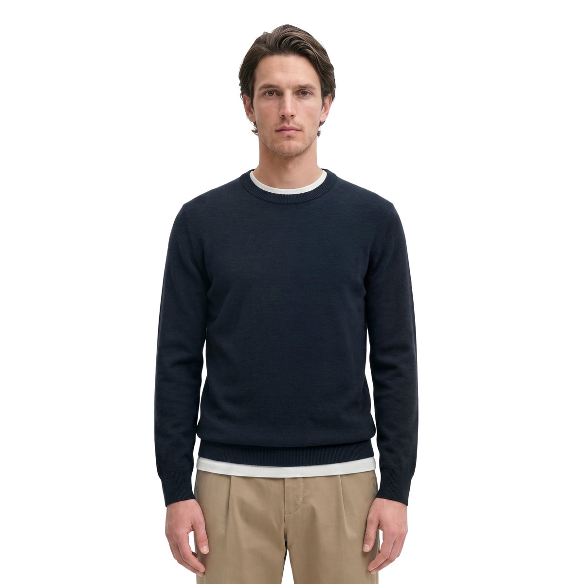 Pull-over regular en doux mélange de coton et de laine vierge bio bleu foncé, MARC O'POLO