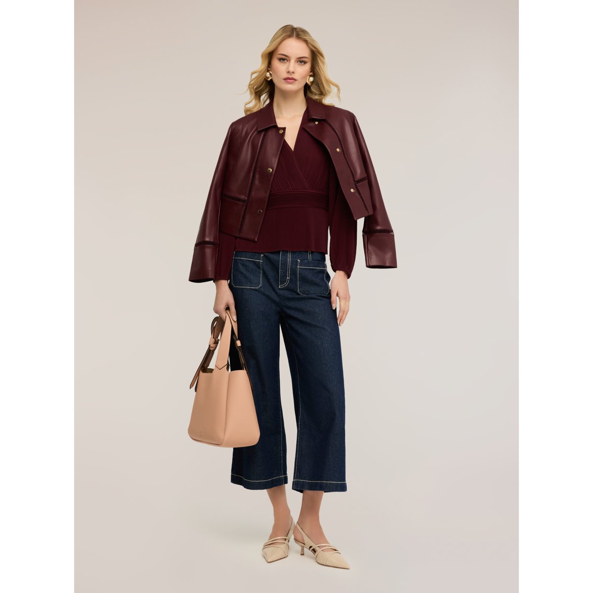Jean cropped large avec coutures contrastées bleu, MOTIVI