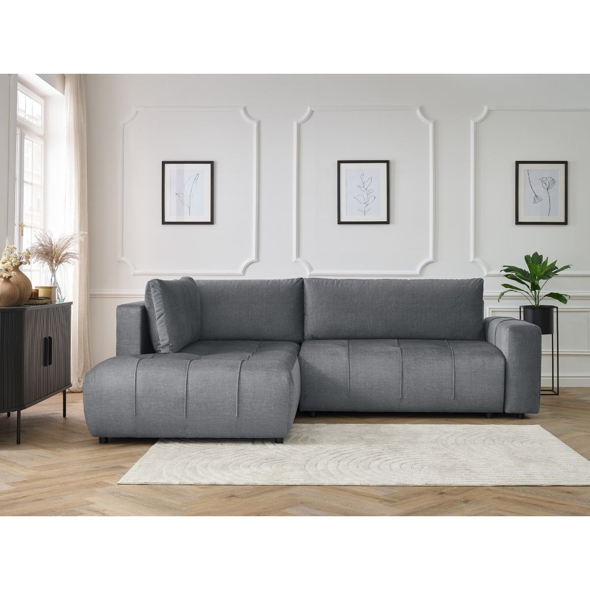 Canapé d'angle convertible 3 places en velours, ARSENE gris foncé, BOBOCHIC