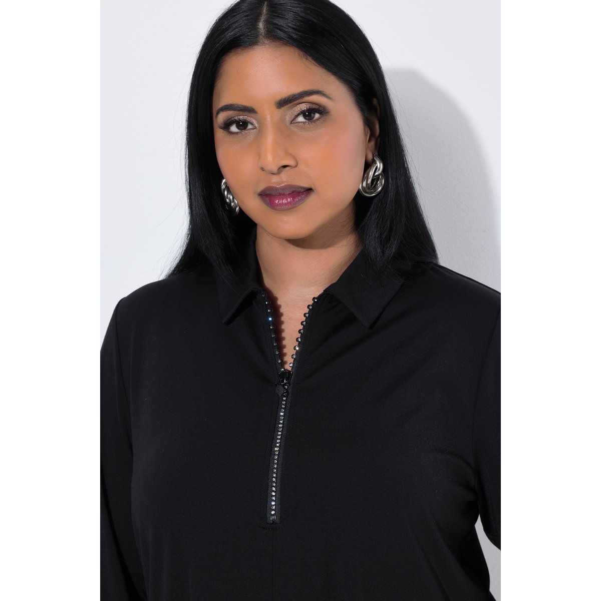 Blouse point de Rome, col chemise noir, ULLA POPKEN