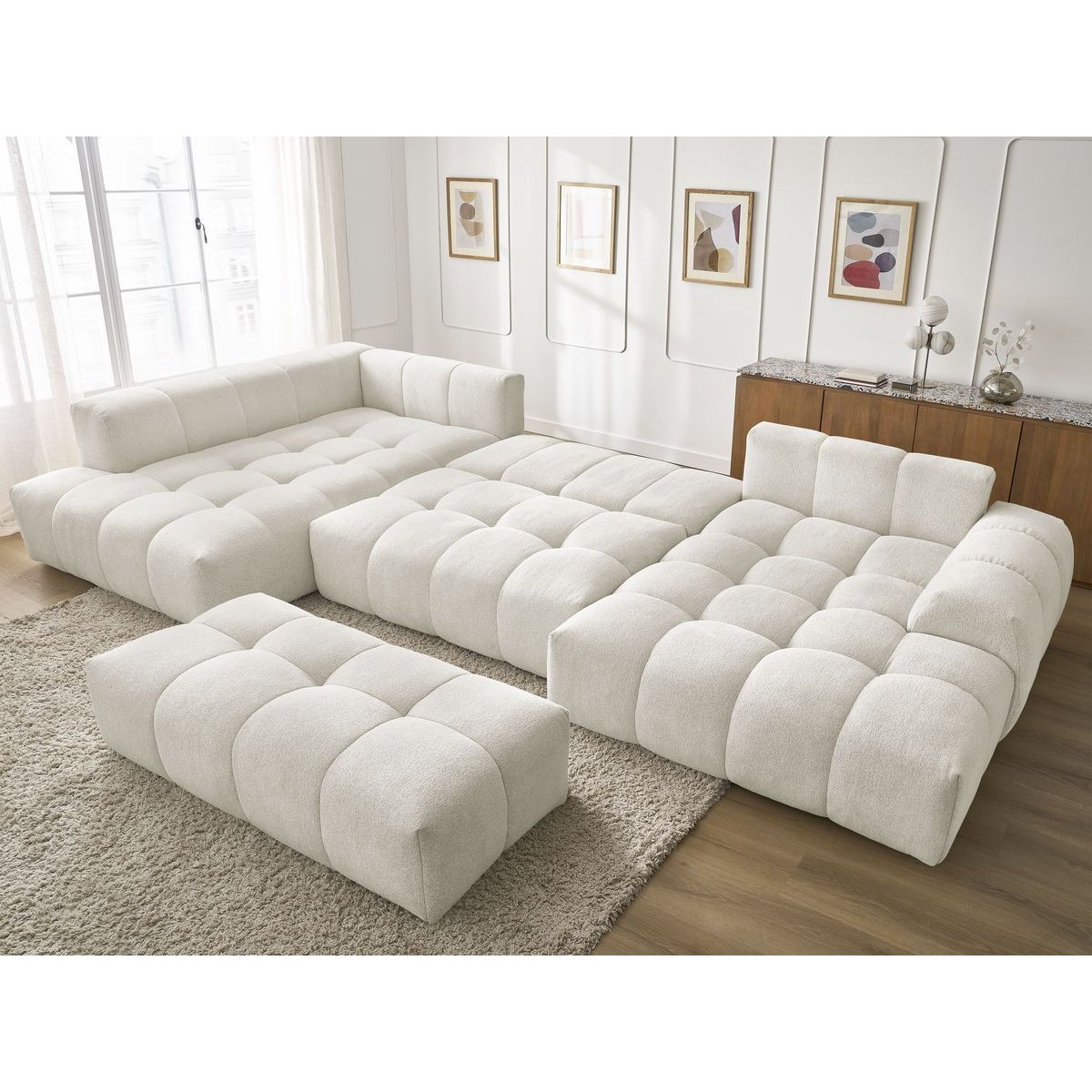 Canapé panoramique convertible 7 places en tissu chiné avec pouf, EVEREST blanc, BOBOCHIC