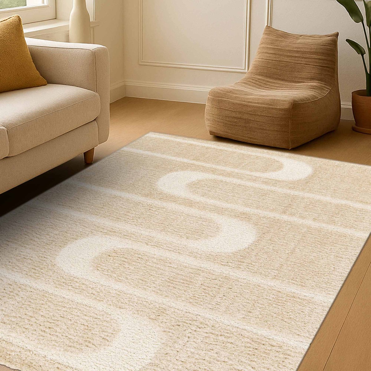 Tapis shaggy doux à relief géométrique  ORGANIC STREET beige, THE DECO FACTORY