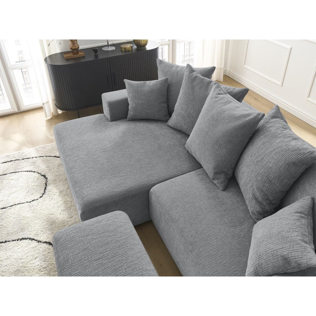 Canapé d'angle convertible 5 places en tissu texturé avec pouf, ATILLA gris foncé, BOBOCHIC