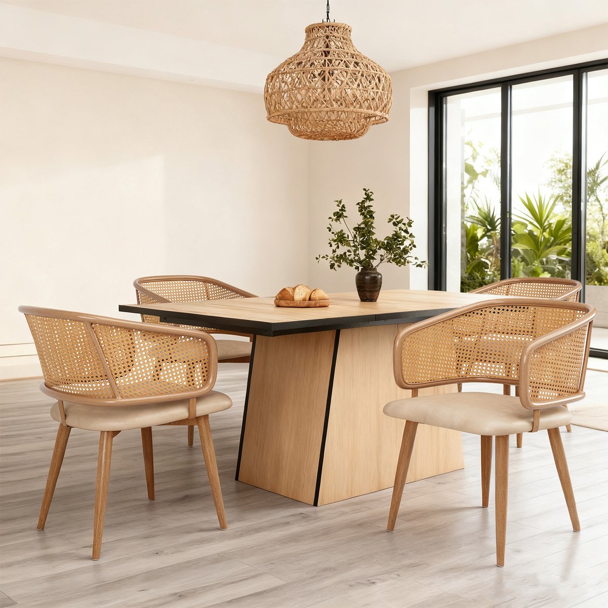 Lot de 6 chaises de salle à manger en velours avec dossier en rotin style moderne et confortable, DEWR beige, MEUBLES COSY