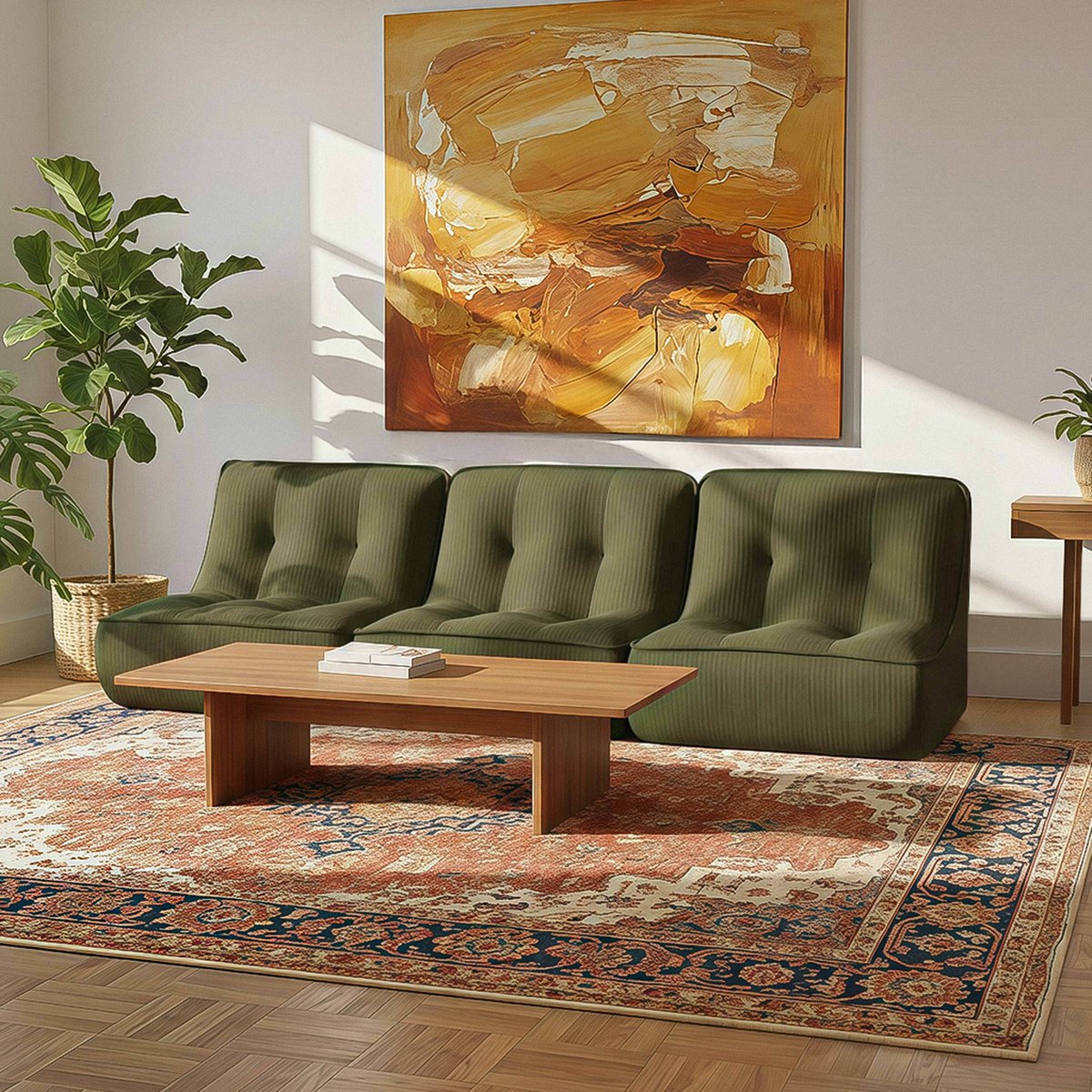 Fauteuils modulables en velours côtelé type chauffeuse - Lot de 3, LIZY vert, OVIALA