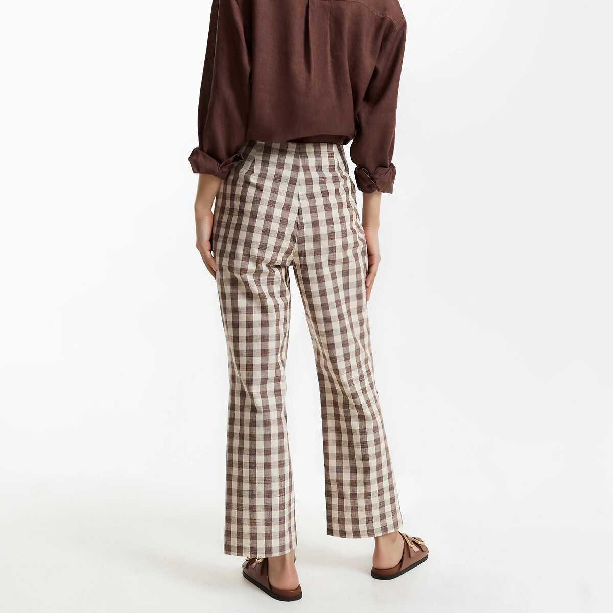 Calças bootcut 7/8 com estampado vichy vichy castanho, LA REDOUTE COLLECTIONS
