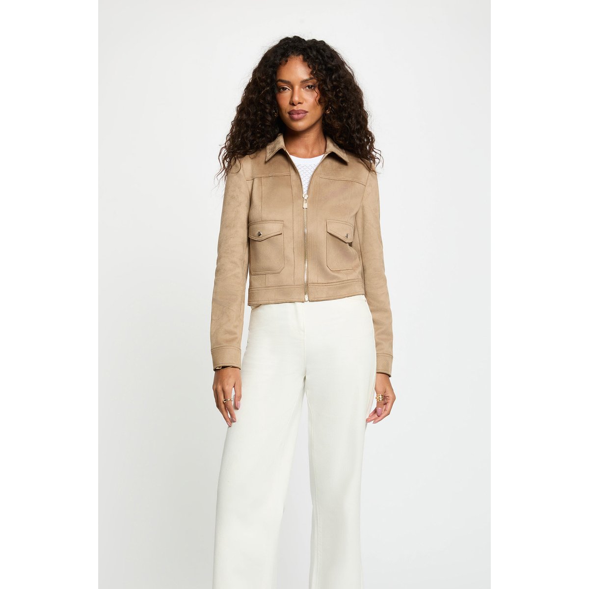 Blouson court suédine taupe, MORGAN