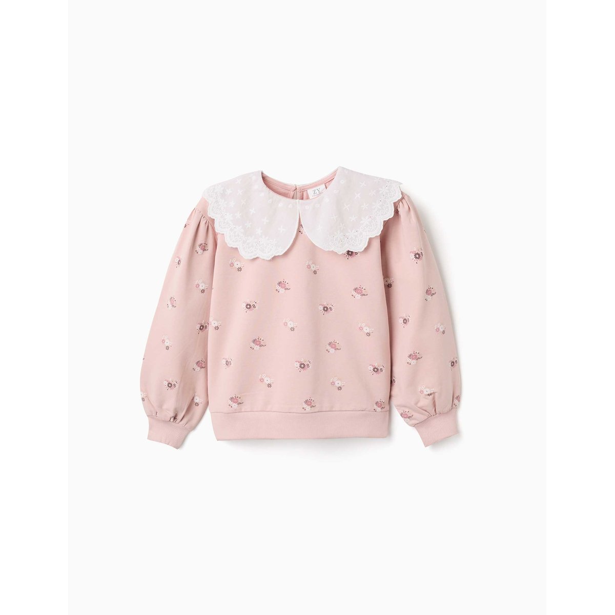 Sweat en coton avec imprimé floral et maxi col rose clair, ZIPPY