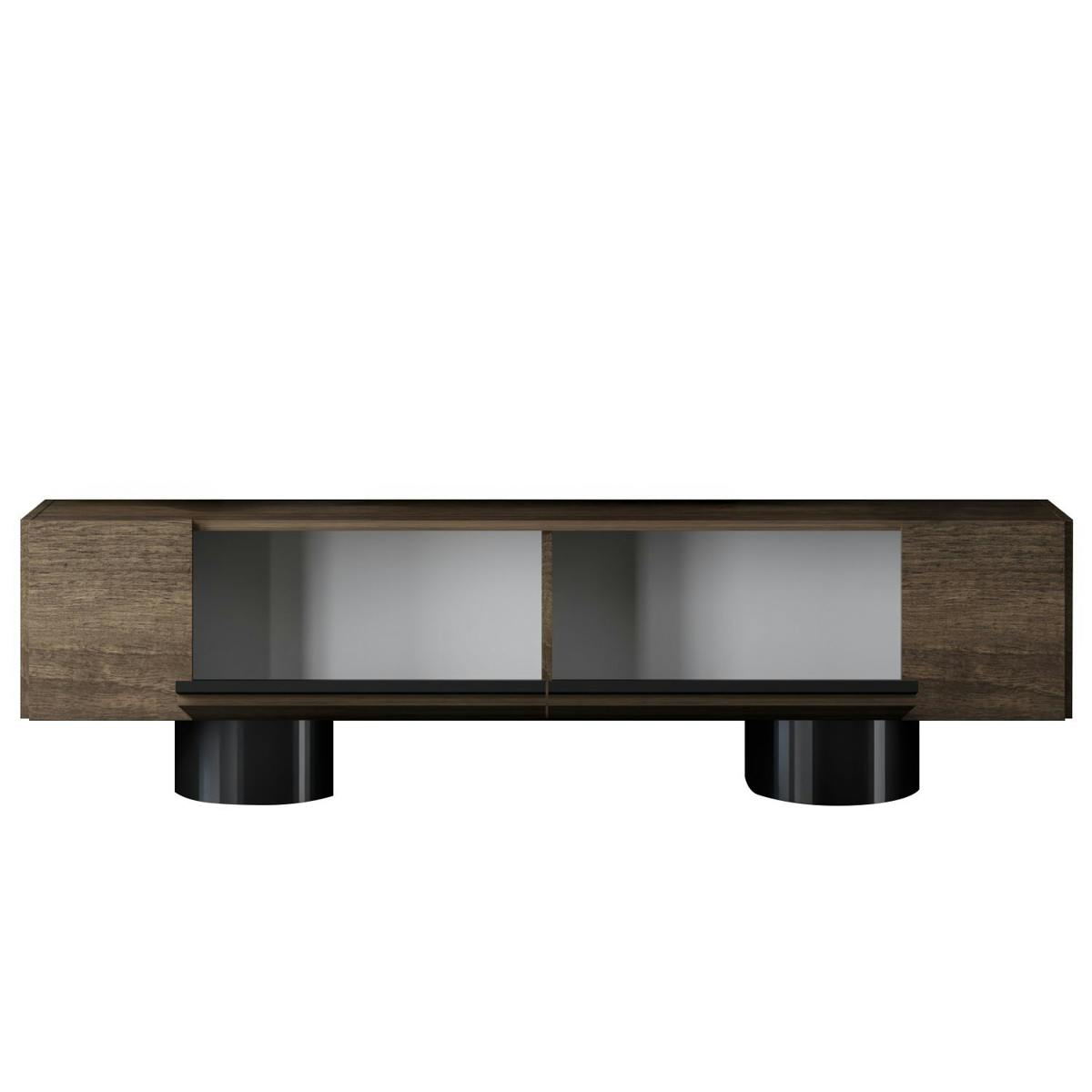 Meuble TV design effet noyer pieds cylindres noirs JENA bois naturel, PIER IMPORT